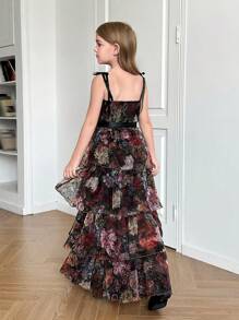 SHEIN Leap Crew Tween Girls Elegant Full Black Floral Print Gorgeous 2in1 Dress With Detachable Multiple Dresss - Palace Style, Birthday Dress, Party Dress - Black - View 13