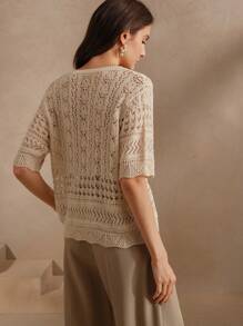 Anewsta Women Elegant Hollow-Out Knit Short Sleeve Cardigan, Summer Beach - Apricot - View 4