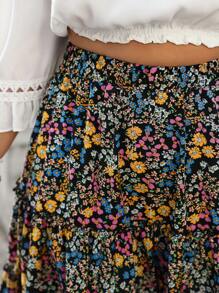 SHEIN Clasi Plus Size New Year's Ditsy Floral Burgundy A-Line Skirt, Elegant - Blue - View 5