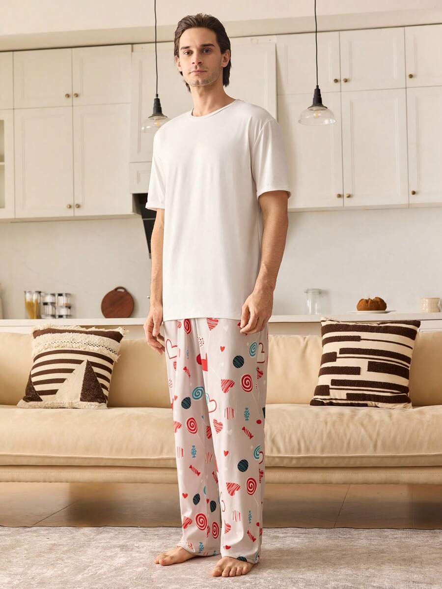Men's Simple Heart Pattern Casual Lounge Pants, For Daily Wear - Grey - View 1