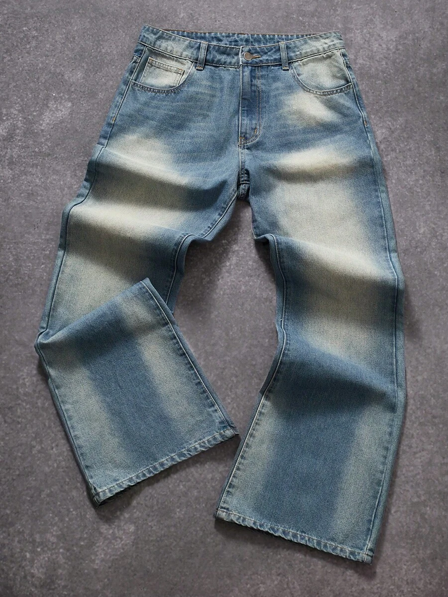 Manfinity EMRG Men's Mid-Blue Distressed Loose Street Style Flared Jeans, Streetwear - Dark Wash - View 1