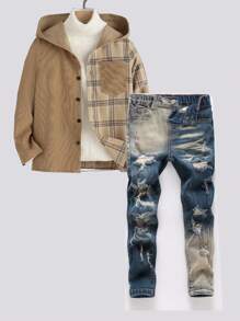 Young Boy Versatile Casual Elastic Denim Jeans, With Ripped Fray Acid Wash - Dark Wash - View 1