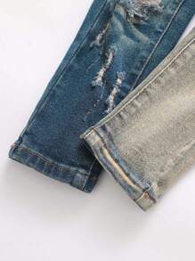 Young Boy Versatile Casual Elastic Denim Jeans, With Ripped Fray Acid Wash - Dark Wash - View 7