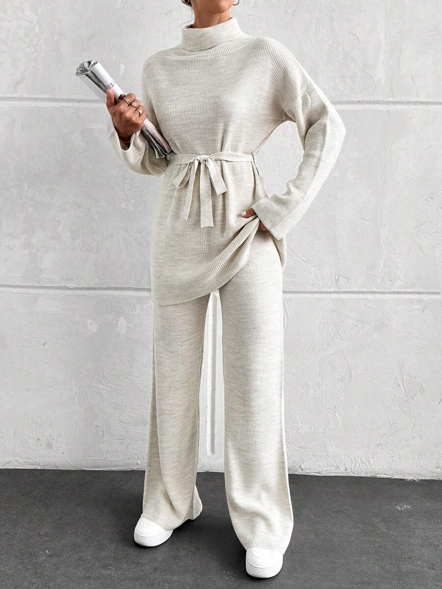 EURMUSE High Collar Belted Woolen Two Pieces Suit - Beige - View 1