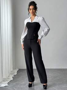 Chiquease 2pcs Set Women Patchwork Striped Lapel Long Sleeve Shirt & Straight Pants - Black and White - View 6