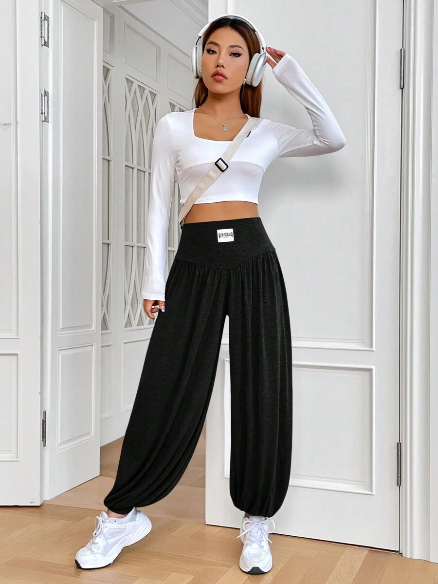 SHEIN EZwear Spring Letter Patched Gathering Tummy Control Grey Loose Bound Feet Lantern Sweatpants - Black - View 1