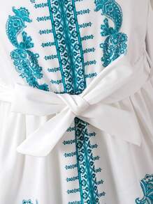 年轻女孩休闲优雅花卉印花长袖连衣裙 - 藍白色 - 查看 5