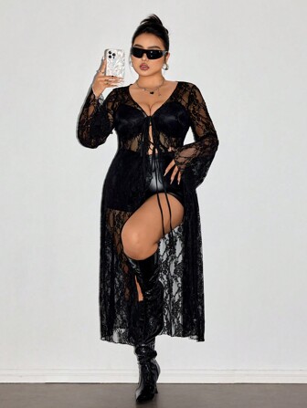 SHEIN ICON Plus Size Lace See-Through Front Tie Bow Neck, Ruffle Trim Sexy Long Tie-Up Cardigan