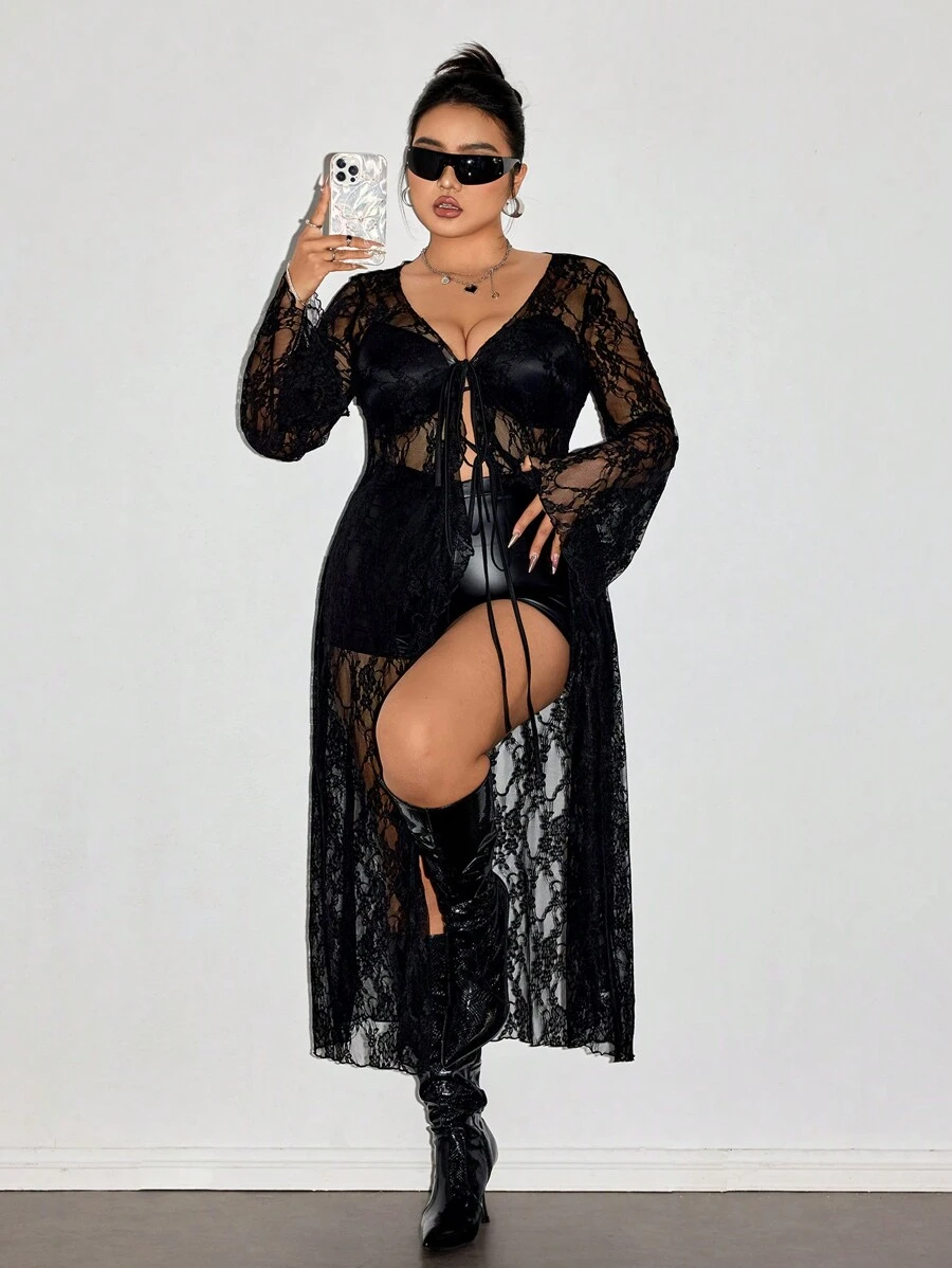 SHEIN ICON Plus Size Lace See-Through Front Tie Bow Neck, Ruffle Trim Sexy Long Tie-Up Cardigan - Black - View 1
