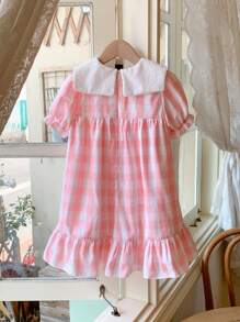 SHEIN Young Girls Loose Fit Pink Woven Dress With Lapel, Elegant French Style, Spring/Summer - Multicolor - View 2