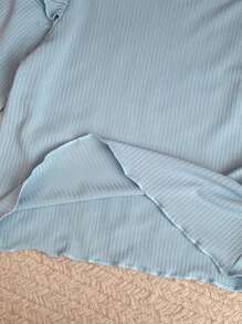 SHEIN Young Girls' French Elegant Knit Form-Fitting Crew Neck Ruffle Sleeve T-Shirt Set, Spring/Summer - Multicolor - View 4