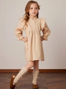 PrepCrw Vestido holgado de manga con volantes de color caqui para niñas, para primavera/verano - Amarillo - Ver 1