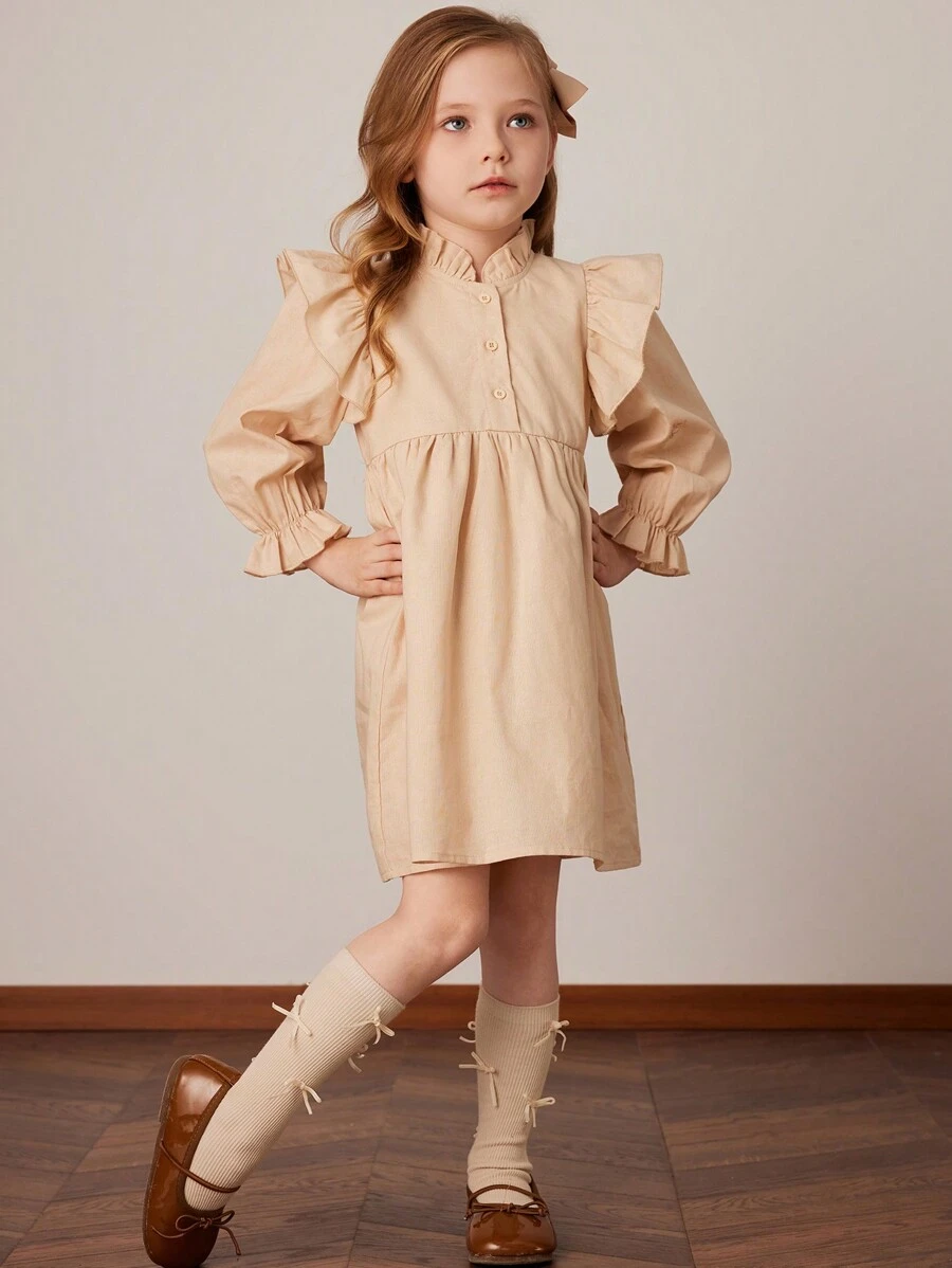 PrepCrw Vestido holgado de manga con volantes de color caqui para niñas, para primavera/verano - Amarillo - Ver 1