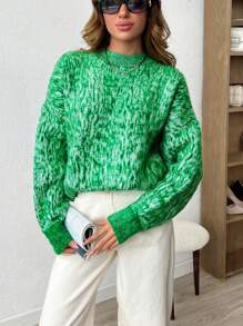 SHEIN Cottnline Casual Floral Print Fuzzy Blended Fabric Drop Shoulder Loose Knit Sweater, Autumn/Winter - Green - View 5