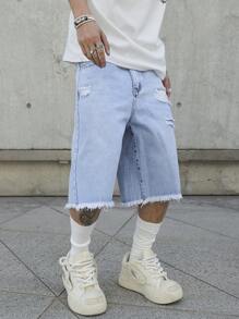 Manfinity EMRG Men's Mid Blue Vintage Washed Distressed Ripped Street Style Loose Denim Shorts Jorts Going Out Hang Out Commute Vacation Street