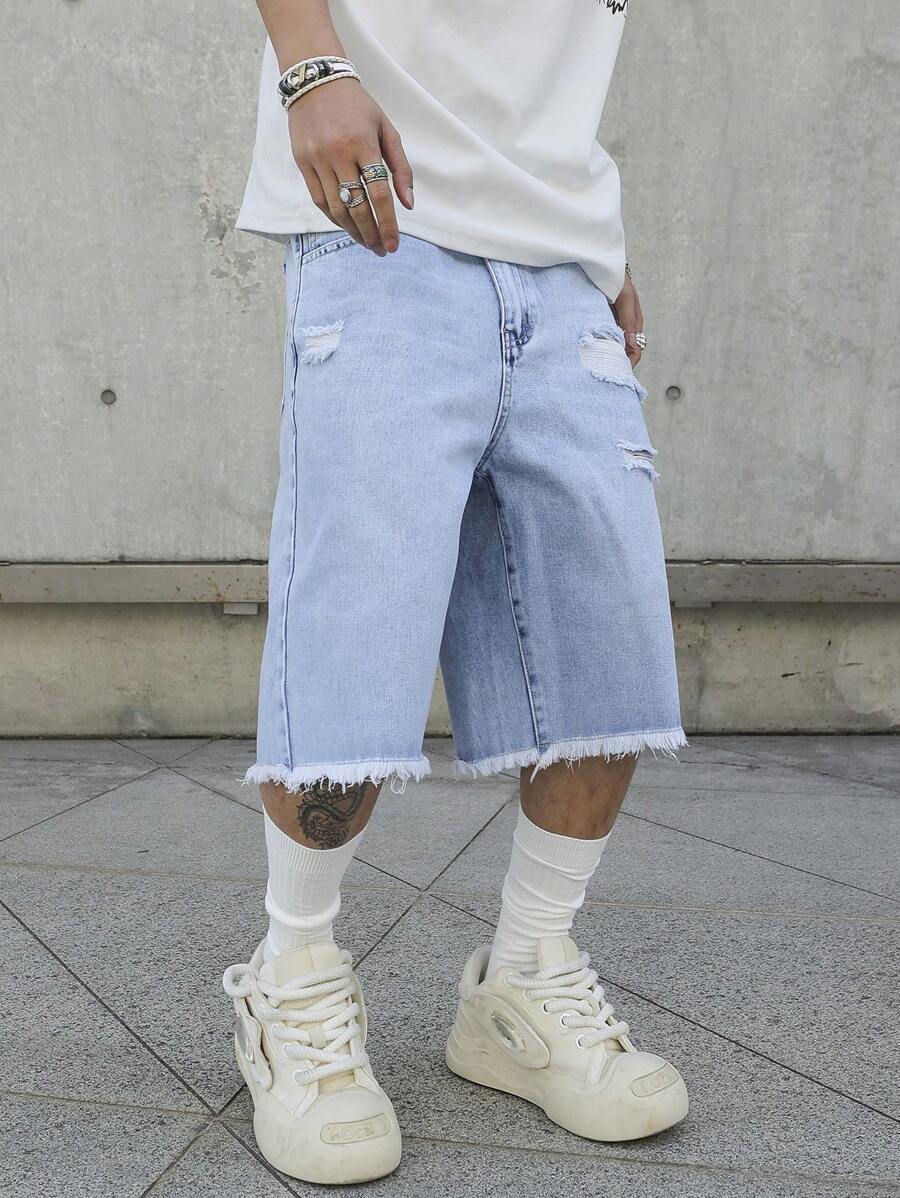 Manfinity EMRG Men's Mid Blue Vintage Washed Distressed Ripped Street Style Loose Denim Shorts Jorts Going Out Hang Out Commute Vacation Street