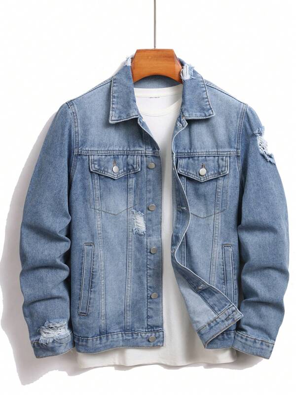 Manfinity LEGND Men's Front Button Long Sleeve Pocket Distressed Casual Denim Jacket