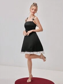 SHEIN Belle Women's Color Block Bow Decor Spaghetti Strap Cocktail Party Dress, Prom Semi Formal Dress, For Birthday, Wedding Guest, Graduation, Dinner, Homecoming - Black - View 3