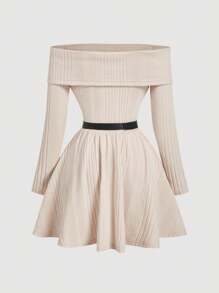 SHEIN MOD Off Shoulder Long Sleeve Cinched Waist Waist Flared Dress - Apricot - View 2