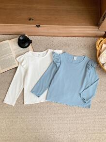 SHEIN Young Girls' French Elegant Knit Form-Fitting Crew Neck Ruffle Sleeve T-Shirt Set, Spring/Summer - Multicolor - View 1