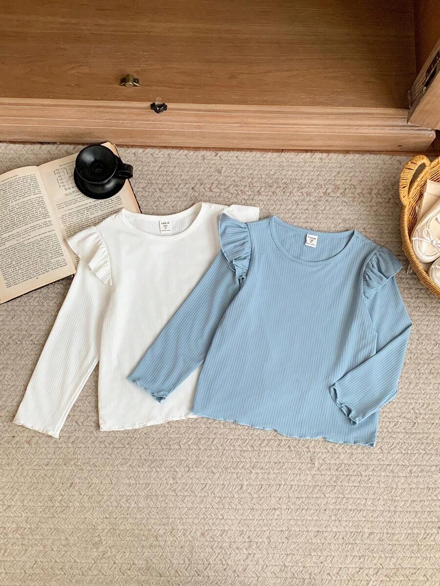 SHEIN Young Girls' French Elegant Knit Form-Fitting Crew Neck Ruffle Sleeve T-Shirt Set, Spring/Summer - Multicolor - View 1