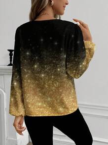 Glamance ORANGE STUDIO Blusas de mujer en negro y dorado de manga larga con escote entallado, de estampado completo, de color block, de tela lisa - conjuntos de verano casuales para salir para mujeres - Tops de verano