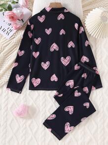Tween Girl Black Base Heart Letter Print Casual Flame Retardant Long Sleeve Shirt And Pants 2 Pieces Loungewear Set - Royal Blue - View 2