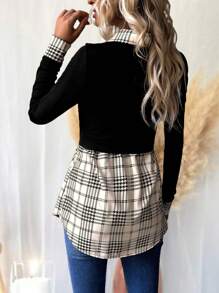 SHEIN Clasi Plaid Print Contrast Collar 2 In 1 Tee