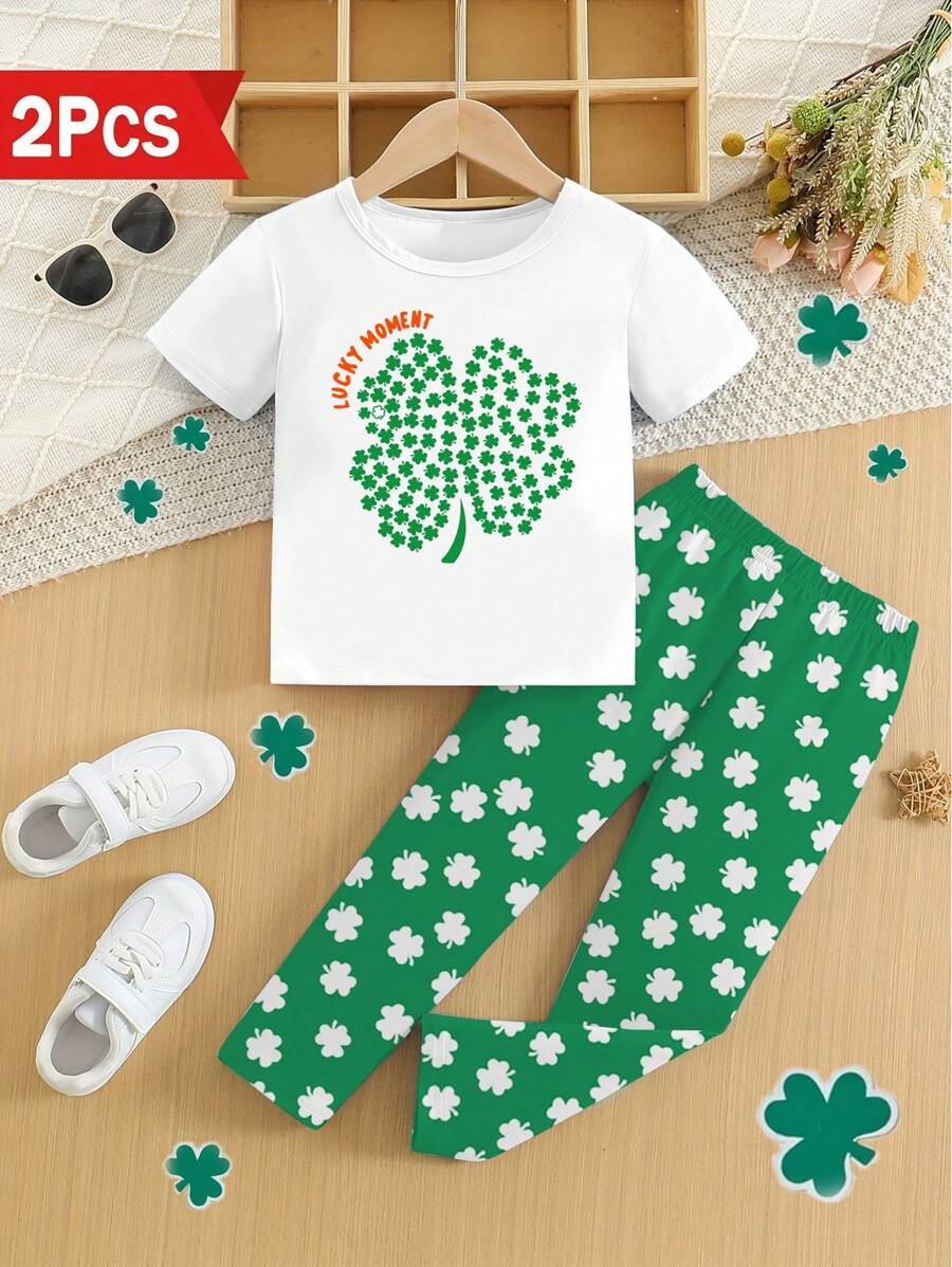 SHEIN 2件套 圣帕特里克节少女时尚四叶草标语印花短袖T恤和打底裤套装 - 彩色 - 查看 1