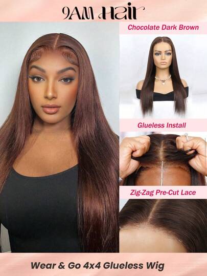 4# Choklad Brunt Färg Party Peruk Bär & Limfritt Silke Rak Förskuren Transparent spets 4X4 Stängningslås Peruk Med Luft Mössa Obearbetad Rå Virgin mänskligt hår Peruk Daglig användning