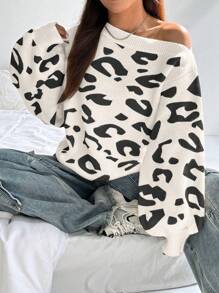 Flirla Losse, casual, veelzijdige luipaardprinttrui, sexy asymmetrische hals