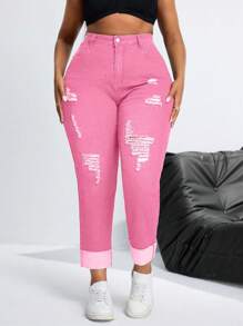 SHEIN SXY Plus Size Stretchy Denim Fashion Sexy Pants - Pink - View 3