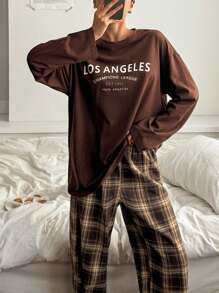 DAZY 2pcs Casual Letter Print Loose Top & Plaid Straight Pajama Pants Loungewear Set - Coffee Brown - View 3