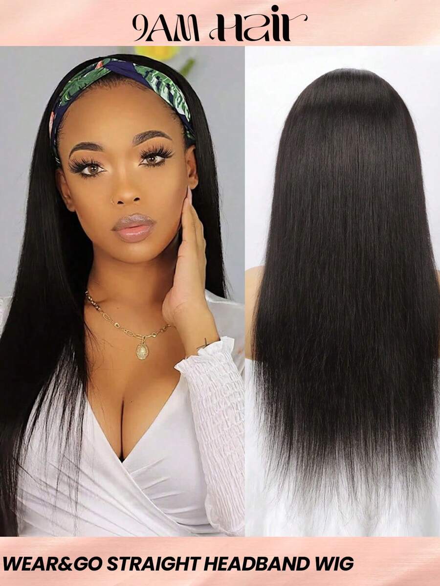 Bone Straight Headband Wigs Human Hair Affordable Wear To Go Real Human Hair Wig With Head Band Full Machine Made For Woman Natural Black Color - SNatural - View 1