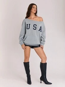 TRNVIE 1st Dames Fleece Sweatshirt Met Borduurontwerp, Open Schouder, Casual, Dagelijkse Kleding Voor De Winter