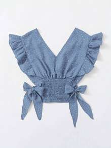 Breezaya Ruffle Armhole Shirred Hem Polka-dot Top - Dusty Blue - View 2