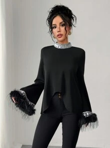 Elenzga Women's Elegant Fuzzy Rhinestone Decor Asymmetric Loose Long Sleeve Shirt - Black - View 6