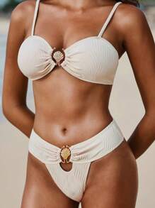 Swim Vcay Ensemble de 2 pièces de maillot de bain pour femmes, nouveau style, avec une texture en tissu apricot unicolore, des détails de sangles en métal, et une touche sexy pour l'été