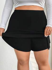 SHEIN CURVE+ CURVE PLUS /Valentinstag/Große Größen einfarbiger geteilter Skort, Valentinstag, Rose, Herz, Polka Dot, Liebe, Lippe, Amor, 3D Blume - Schwarz - Übersicht 4