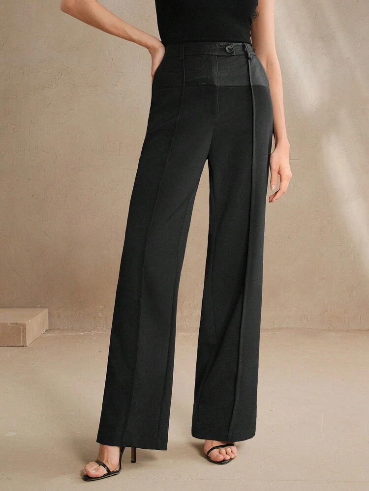 High-Waist Black Straight Wide Leg Pants, Sleek Modern Commuting Style With PU Leather Panel Details, Women's Premium Trousers