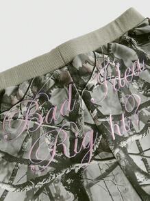 ROMWE Kawaii Y2K Low Waist Sexy Camo Print English Embroidered Bowknot Side Strap Plus Size Shorts - Army Green - View 4