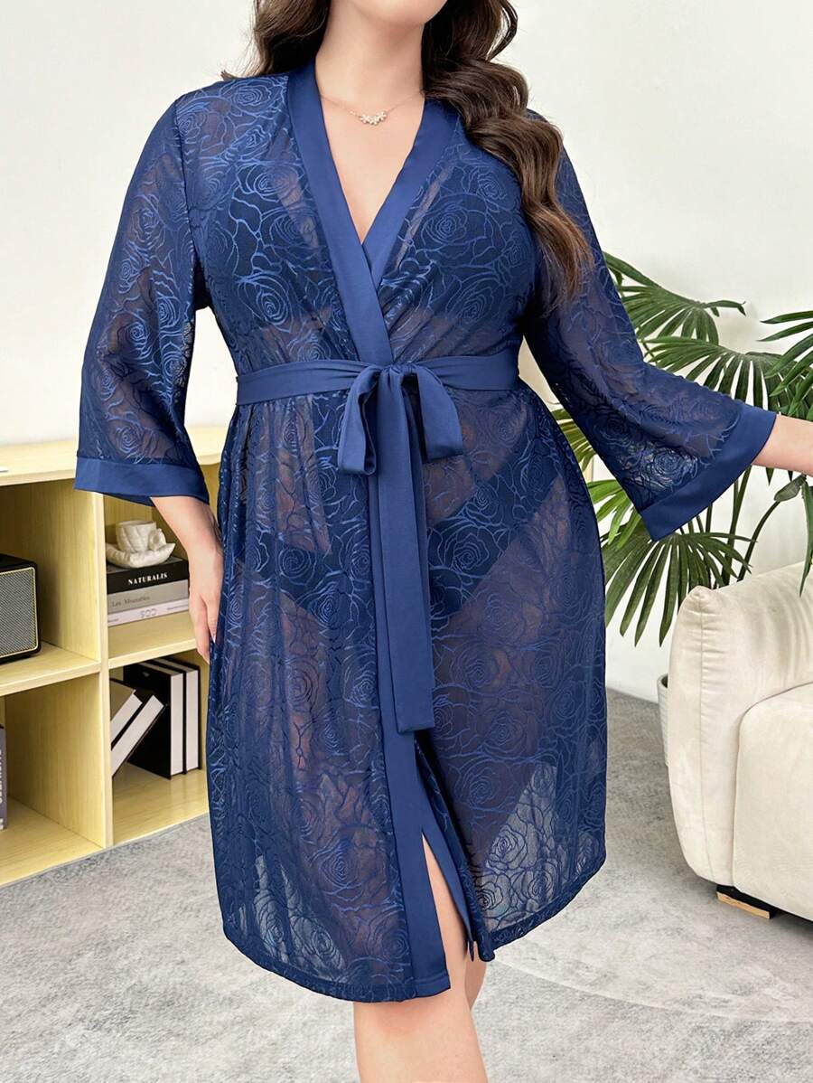 Sexy Sheer Lace Plus Size Women Long Sleeve Robe - Navy Blue - View 1