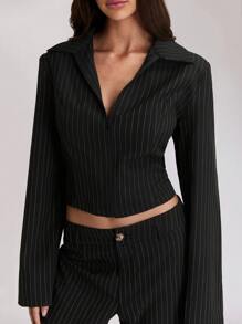 SHEIN Unity 2 Stücke Damen Set aus gestreifter Langarm-Bluse und Hose - Schwarz - Übersicht 5