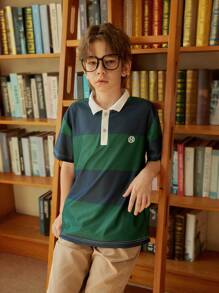 SHEIN Explorewe 2pcs/Set Tween Boys Casual Blue & Green Stripe Polo Shirt + Simple Loose Pants, Spring/Summer School & Outdoor Outfit - Multicolor - View 4