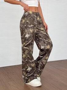 SHEIN EZwear Women's Loose Casual Wide Leg Pants With Branch Print
