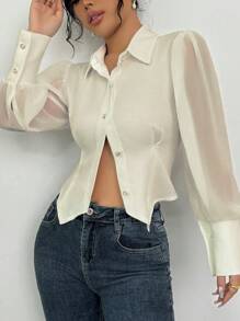 Elenzga Cămașă decupată cu design nou elegant, siluetă montată, mâneci cu bule, bluză albă