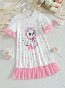 SHEIN 女孩卡通猫咪图案印花荷叶边针织圆领长袖睡袍睡衣 - 淺粉色 - 查看 3