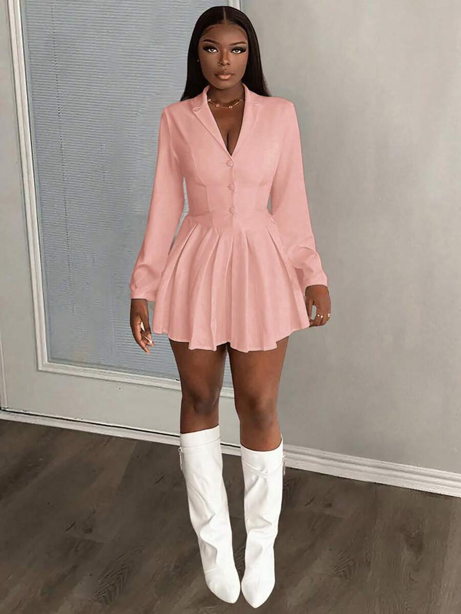 Slaydiva 秋季新款休闲优雅年轻翻领西装式百褶裙长袖纽扣小短裙白色女装小裙子