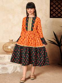 SHEIN 少女节日度假休闲茜草玫瑰复古印花拼接长袖连衣裙 - 橘色 - 查看 3