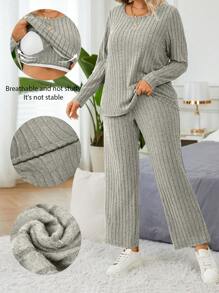 EMERY ROSE Set de 2 piezas con pantalones y top de manga larga acanalado de terciopelo casual con relleno incorporado en el pecho